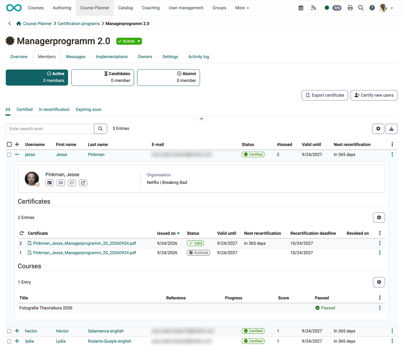 The expanded detail view of a member with all certificates, including expired and archived ones, and the courses, in the Members tab