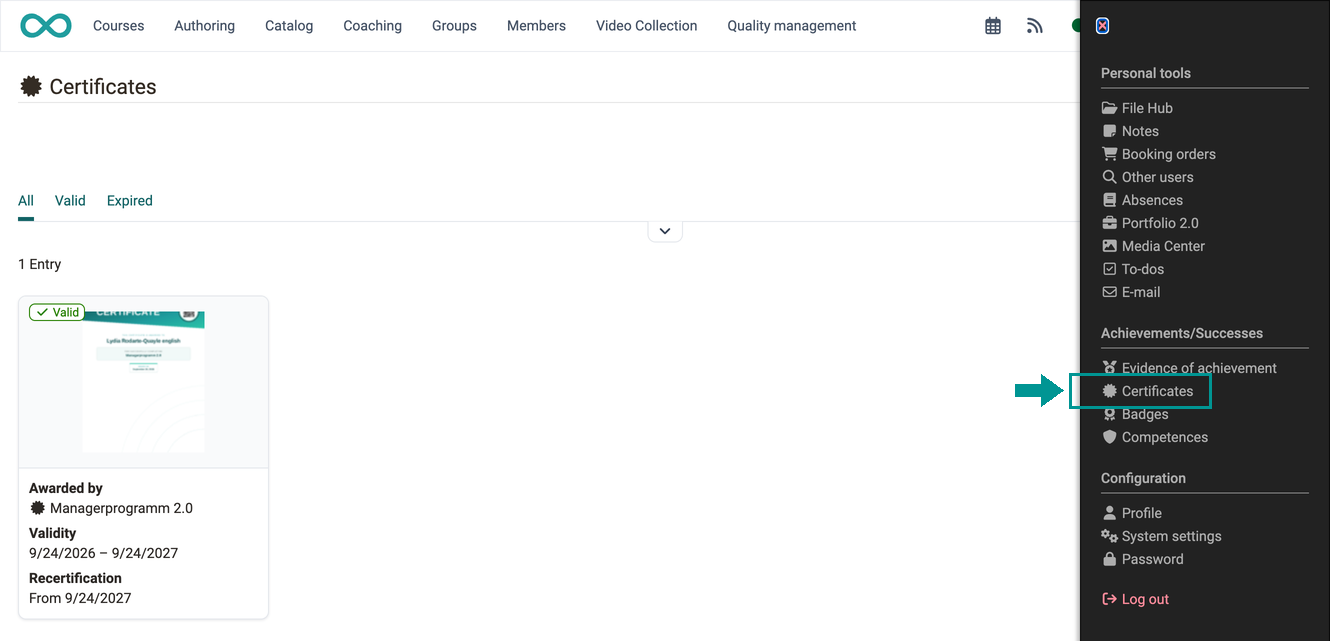 The own certificates as tiles with validity and recertification, reachable via Certificates under Achievements/Successes in the personal menu