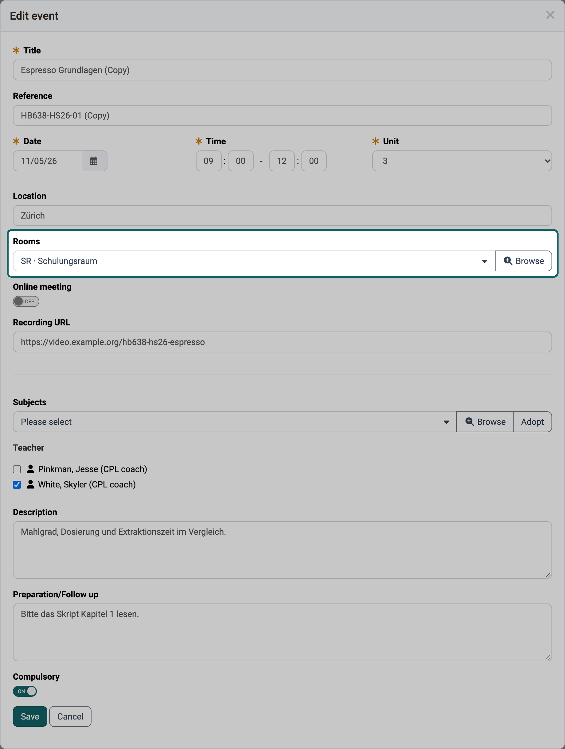 The dialog Edit event of a copy in the Course Planner with the room taken over from the source event in the Rooms field