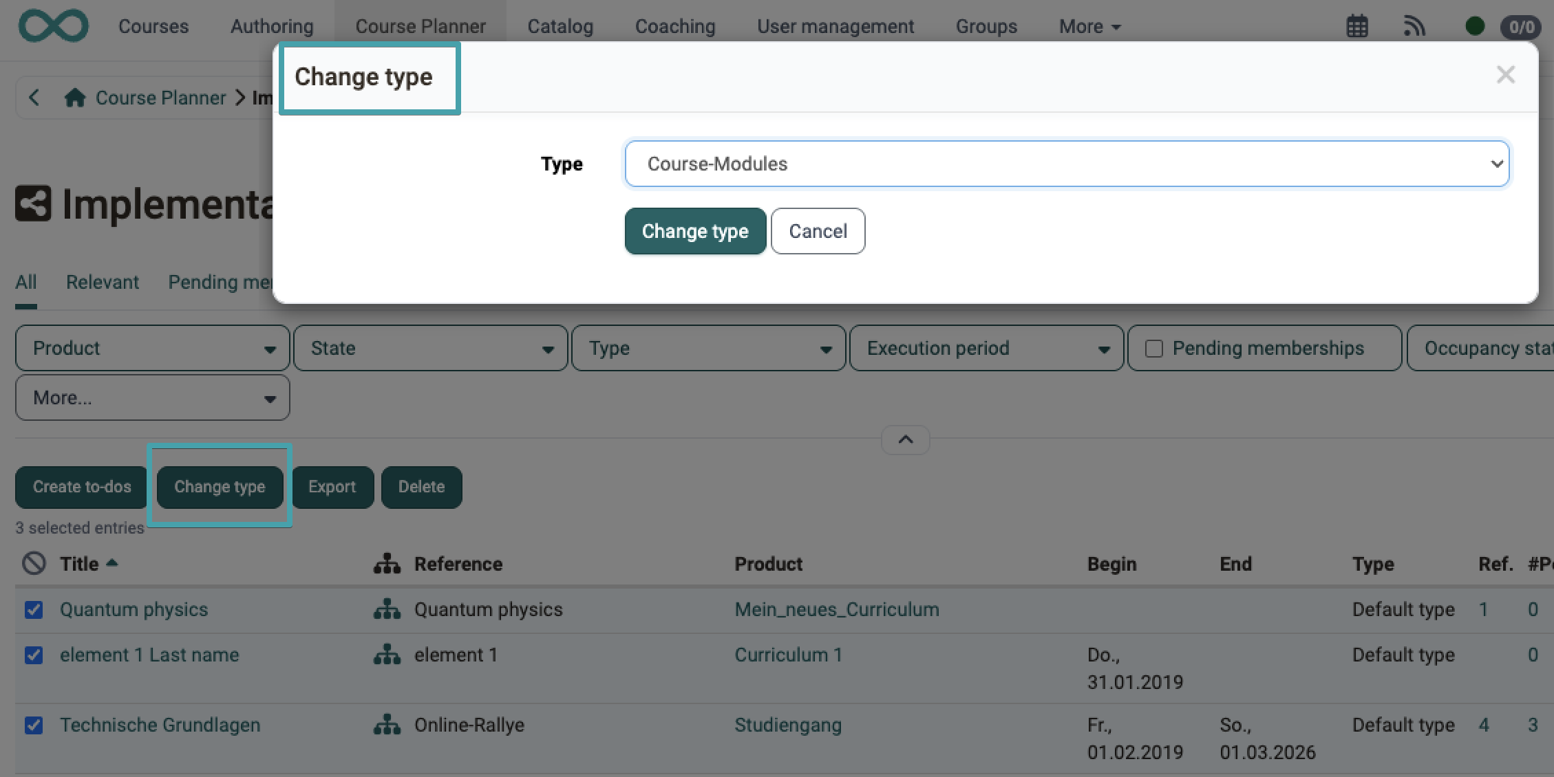 Three selected implementations with the "Change type" action displayed and the dialog for choosing the new element type, in the implementation overview of the Course Planner