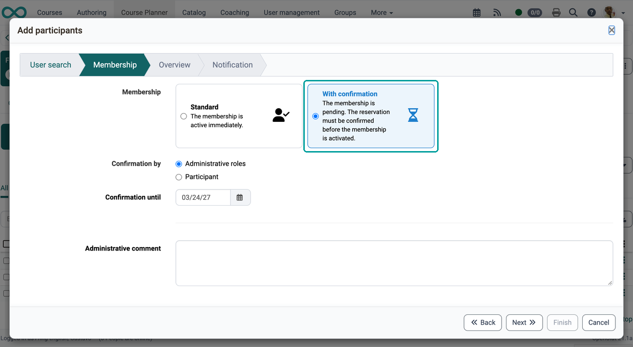The choice between Standard and With confirmation, plus confirmation by administrative roles and the deadline, in the Membership step of the Add participants wizard