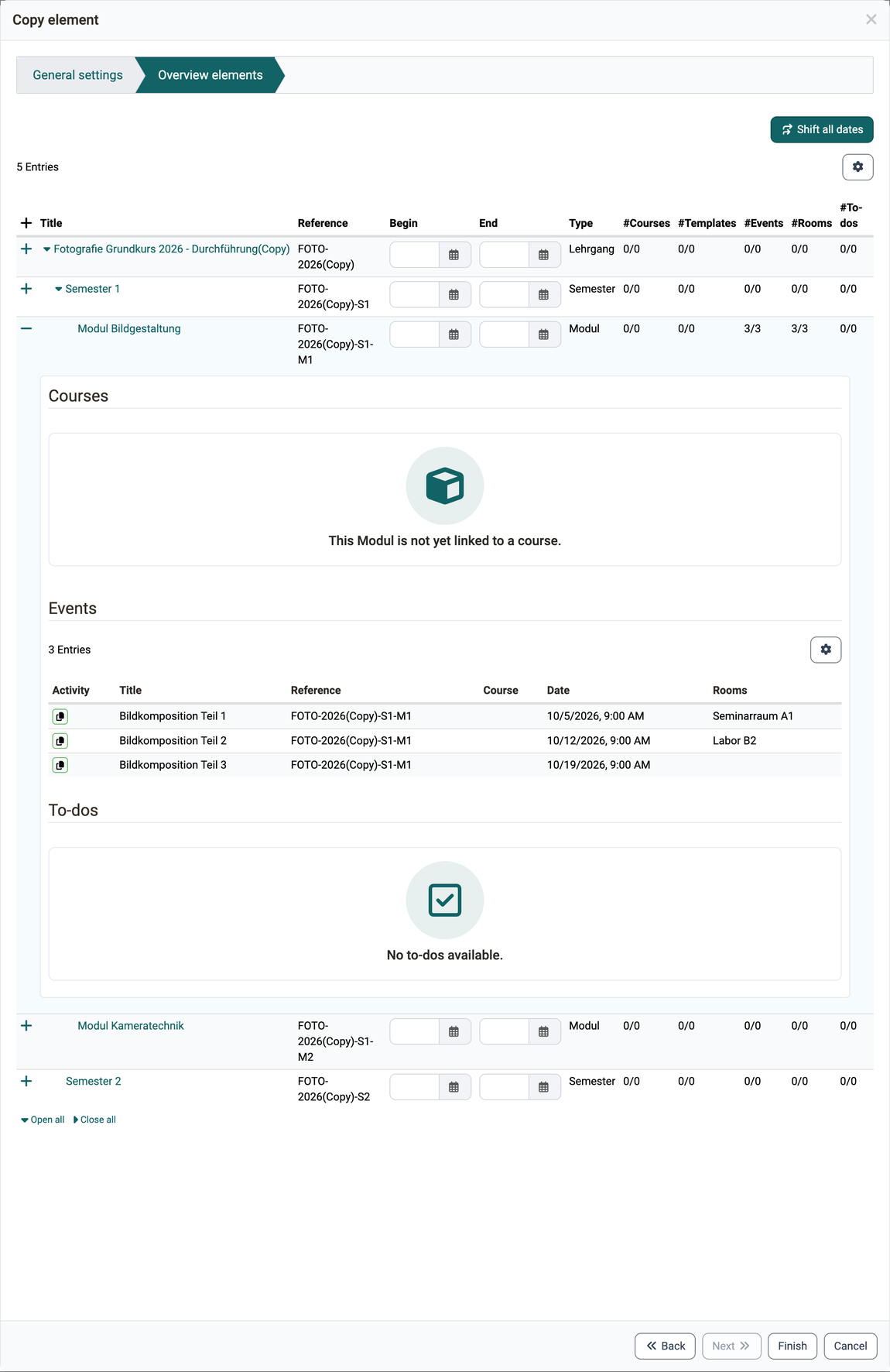 The elements to be copied with the counters #Courses, #Templates, #Events, #Rooms and #To-dos, one element expanded with the Rooms column in the Events table, in the Overview elements step