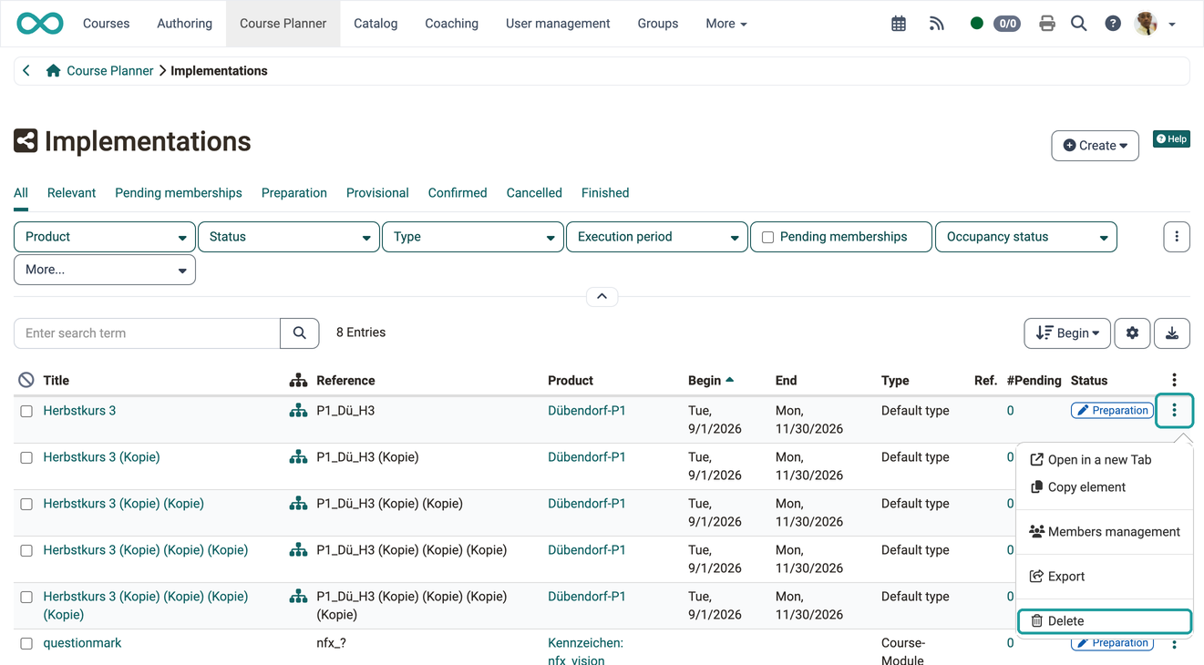 The Delete action in the menu of the 3 dots at the end of a row, in the list of implementations in the Course Planner