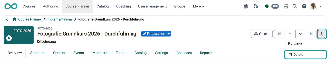 The Delete action in the menu of the 3 dots at the top right, available in an opened implementation above the tabs