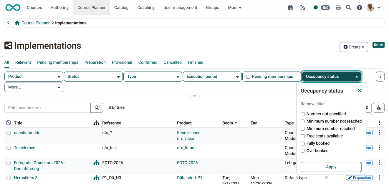 All implementations of a product in a filterable list with Reference, Type and Status, here with the Occupancy status filter open, on the Implementations page in the Course Planner