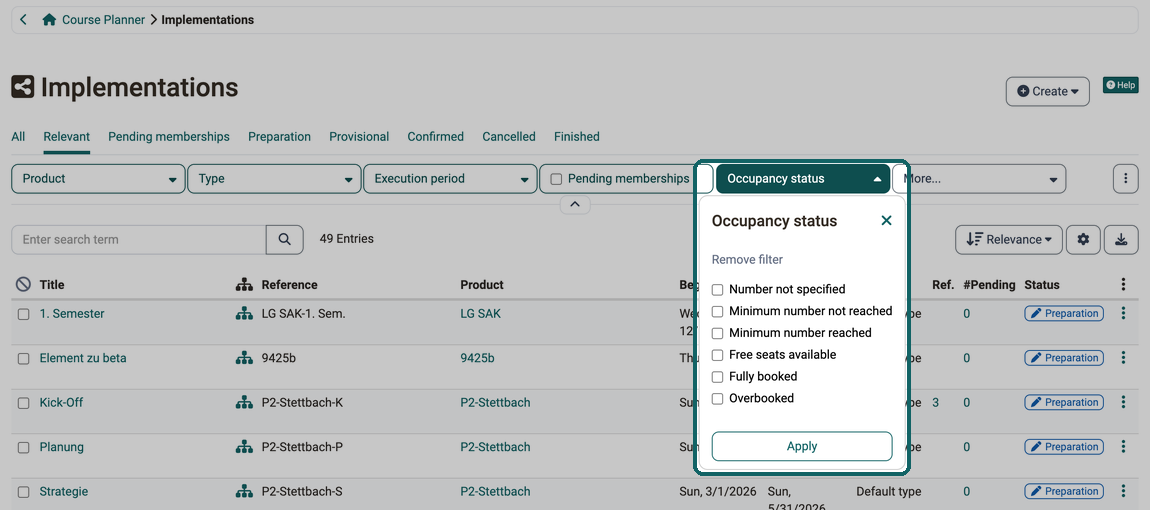 The list of implementations with the opened Occupancy status filter: Number not specified, Minimum number not reached or reached, Free seats available, Fully booked, Overbooked