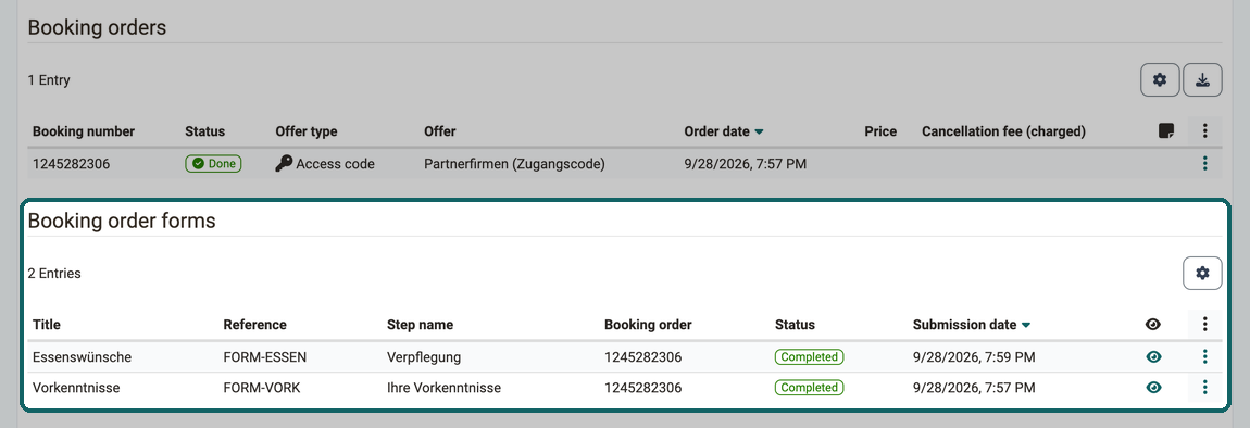 The section Booking order forms below the booking orders, with two completed forms including step name, booking order and submission date