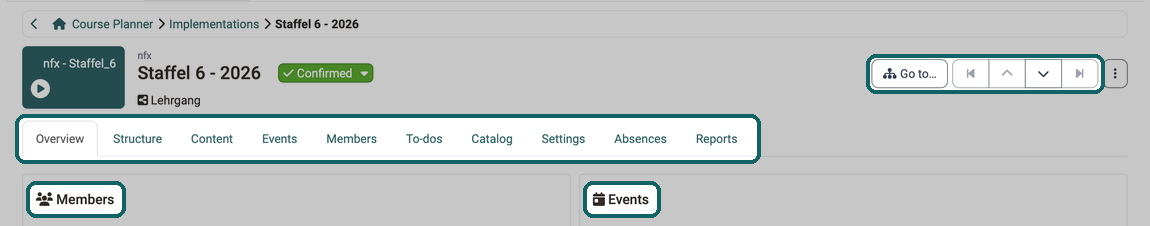The Go to… button, four buttons with arrows for switching between elements and implementations, the tabs from Overview to Reports and the widget headings as jump targets