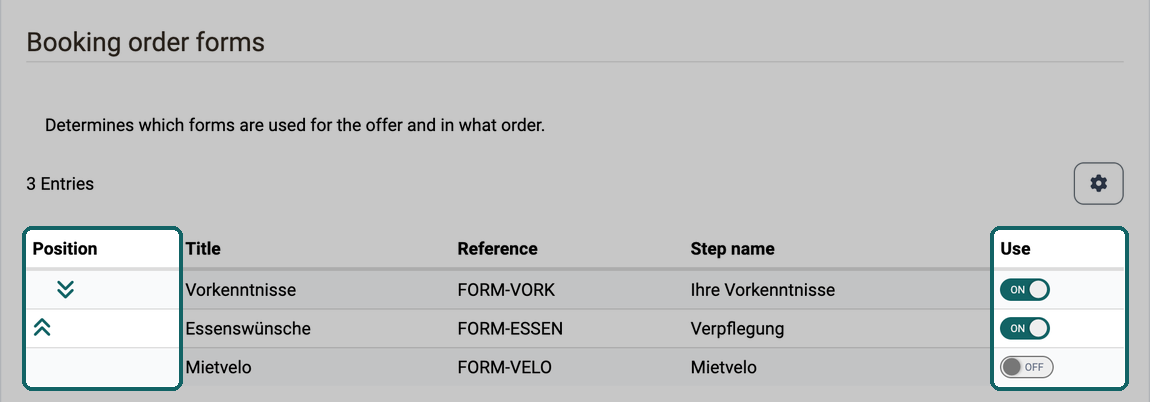 Two forms in use with the Use toggle switched on and the arrows for the position, below them a form that is not used