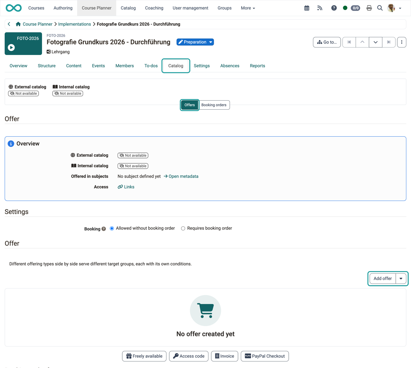 The offers of an implementation with the Add offer button and the available offer types, in the Catalog tab of an implementation