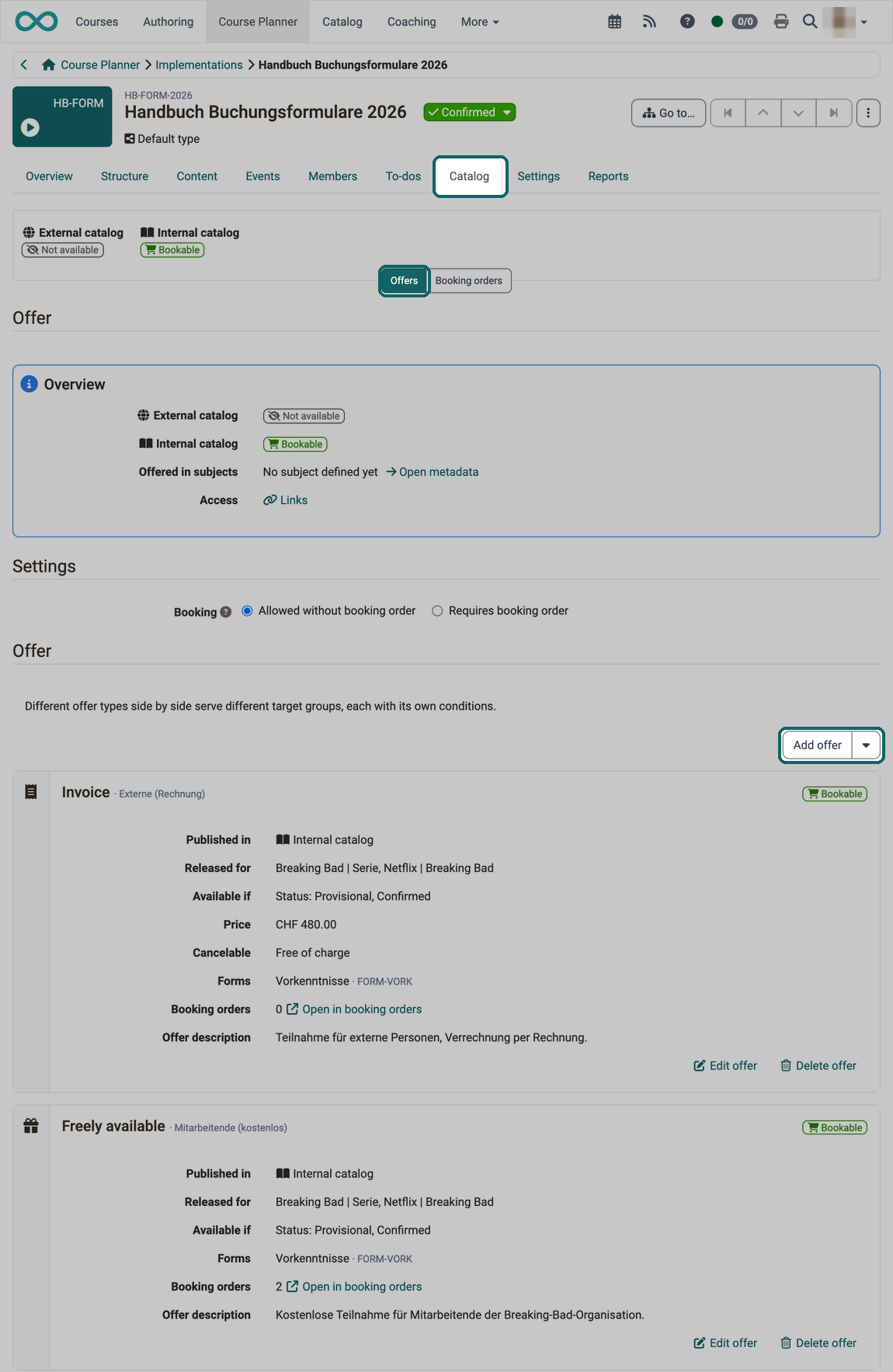 The overview, the Settings section and the offers of an implementation with the Add offer button