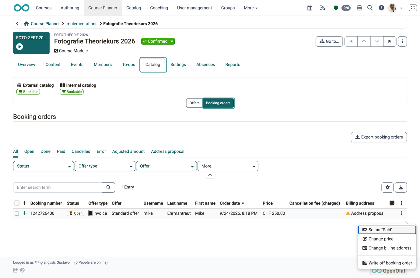 The booking orders with status, offer type, price and billing address, plus the Export booking orders button and the actions per order, in the Booking orders subsection of the Catalog tab