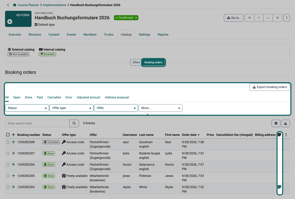 The Export booking orders button, tabs and filters by Status, Offer type and Offer, plus a note icon for the participant's comment