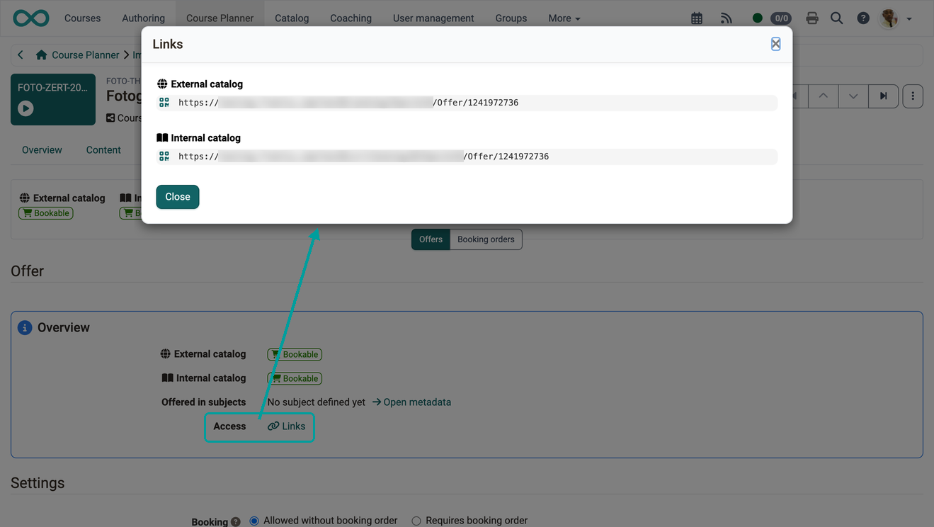The direct links to the offer for the external and the internal catalog, opened via Access and Links in the offer overview, in the Catalog tab of an implementation