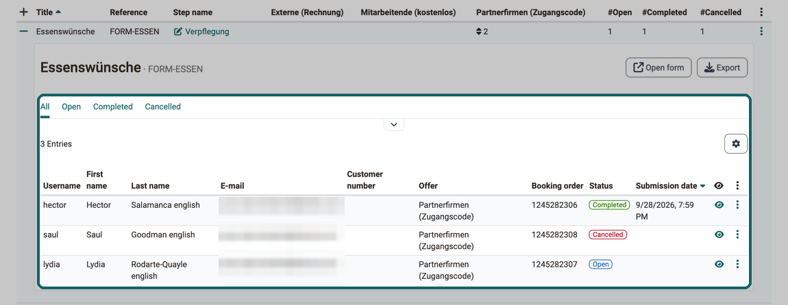 The expanded row of a form with the persons, their offer, booking order, status and submission date and the views Open, Completed and Cancelled
