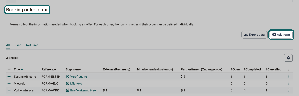 The forms with step name, position per offer and the counters per status, plus Export data and Add form