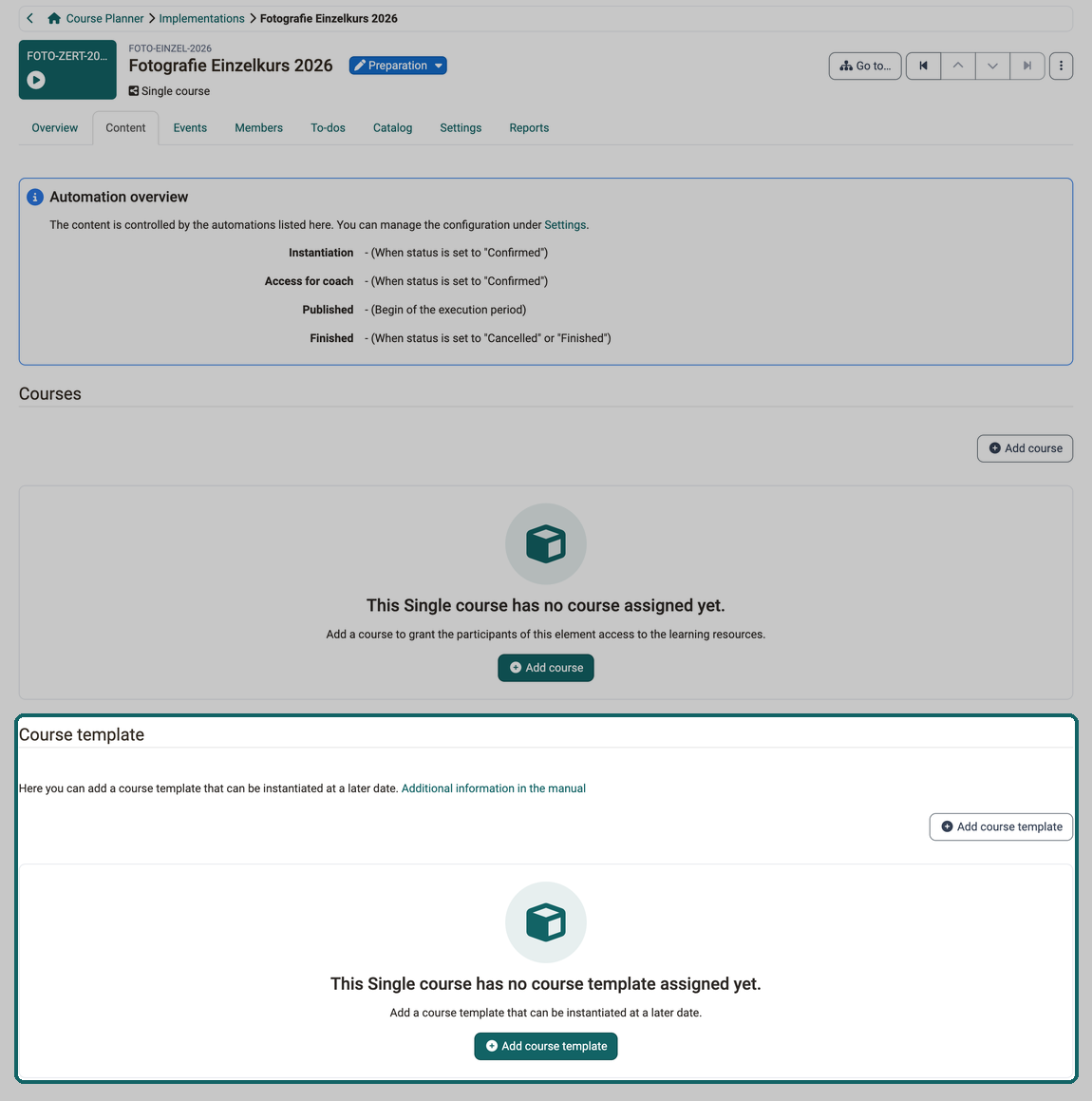 The Course template section below the still empty course list, with the Add course template button for a course template that is instantiated later