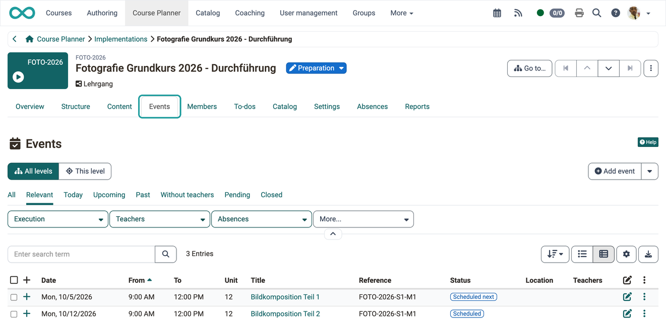 The events of an implementation with date, time, units and lecturers, the All levels and This level switches and the Add event button, in the Events tab