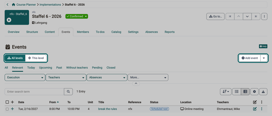 The All levels and This level switches above the event list, on the right the Add event button with the arrow for the import