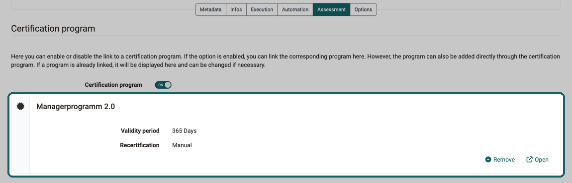 The linked program with validity period, recertification and the actions Remove and Open, shown when the Certification program toggle is on