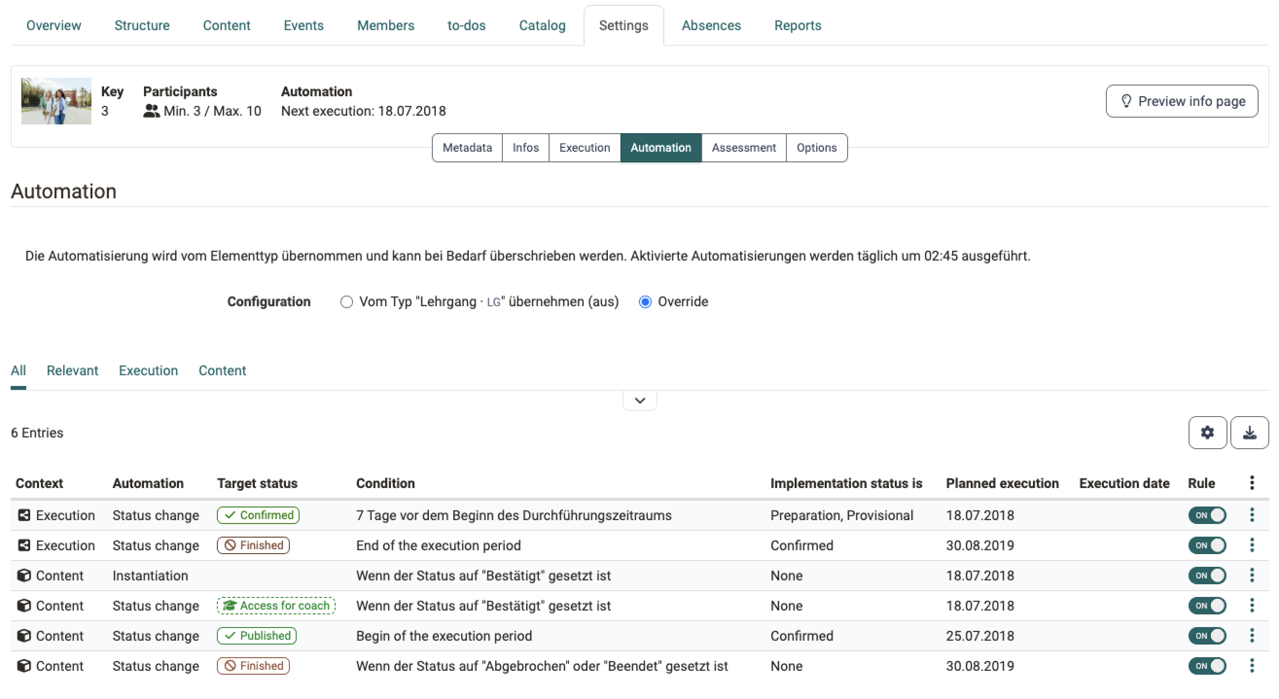 Automation sub-tab of the settings of an implementation: the "Override" mode is selected, the table lists context, automation, target status, condition and planned execution for each rule, the header names the next execution.