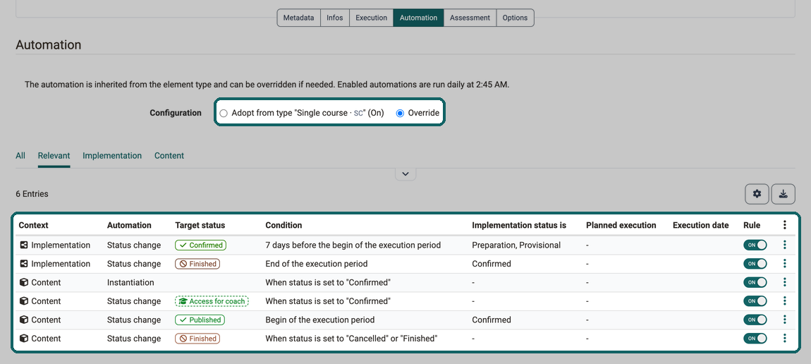 The Override mode and the table of rules with context, automation, target status, condition and planned execution