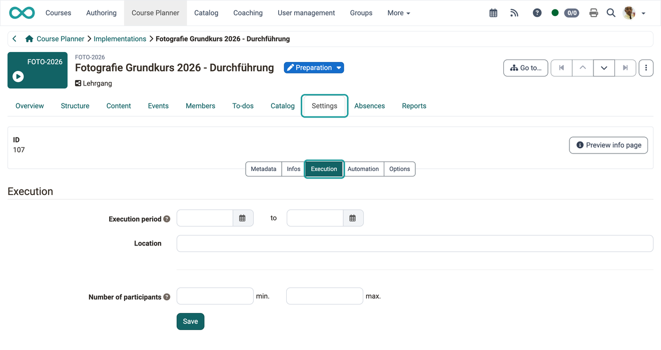 Execution period, location and the minimum and maximum number of participants, in the Execution sub-tab of the settings