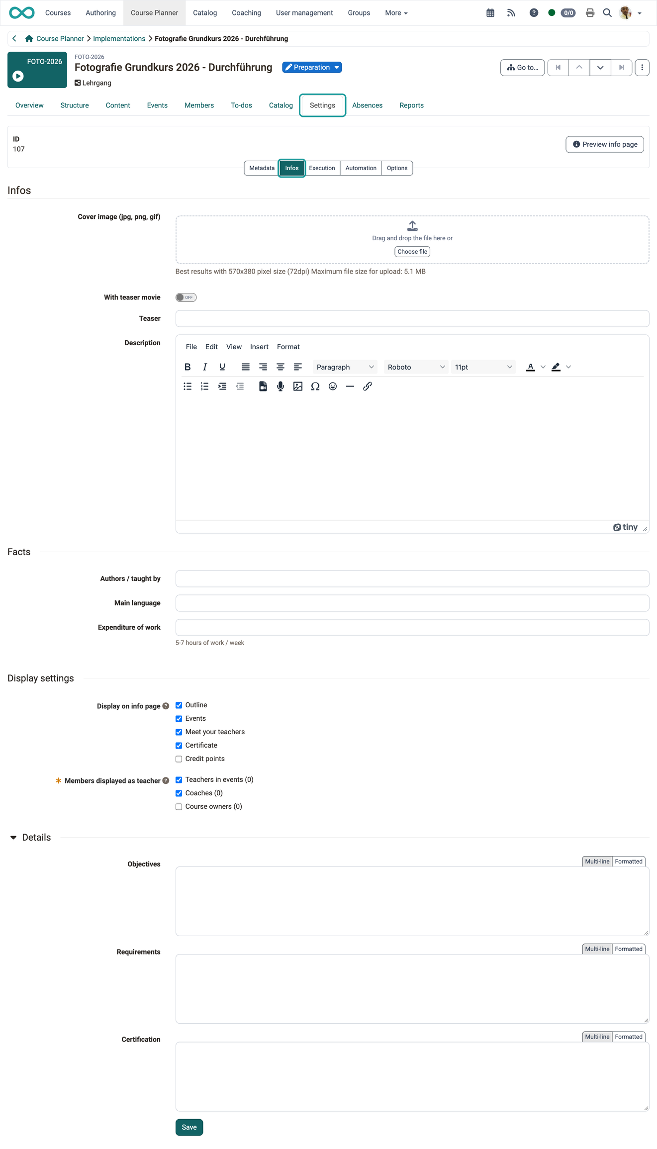 The details for the information page: teaser, title image, description, learning objectives, requirements and time expenditure, in the Infos sub-tab of the settings