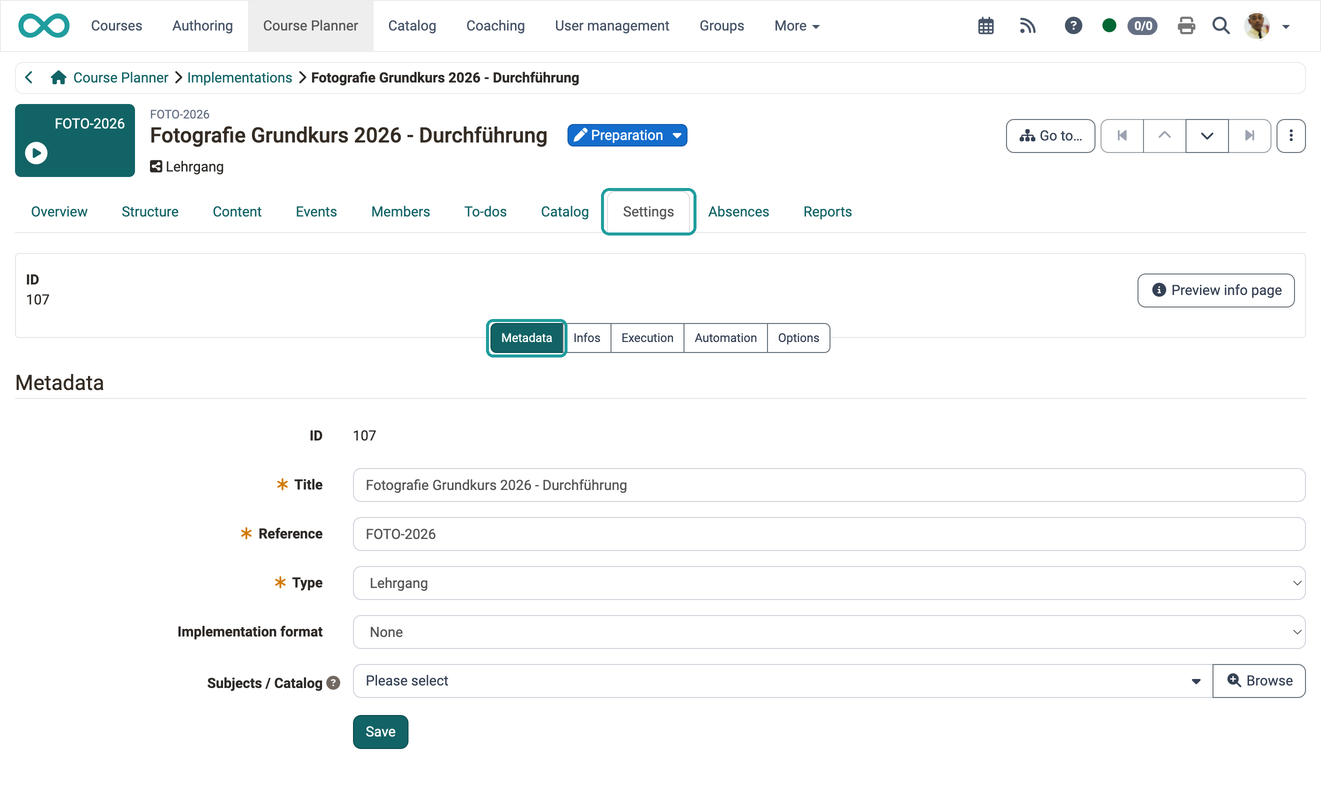 The mandatory fields Title, Reference and Type as well as Implementation format and Subjects, in the Metadata sub-tab of the settings of an implementation