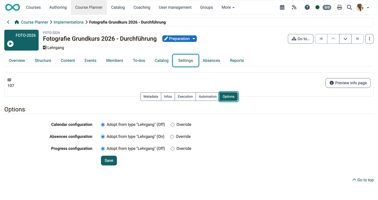 Calendar, absence and progress configuration, each adopted from the type or overridden per element, in the Options sub-tab