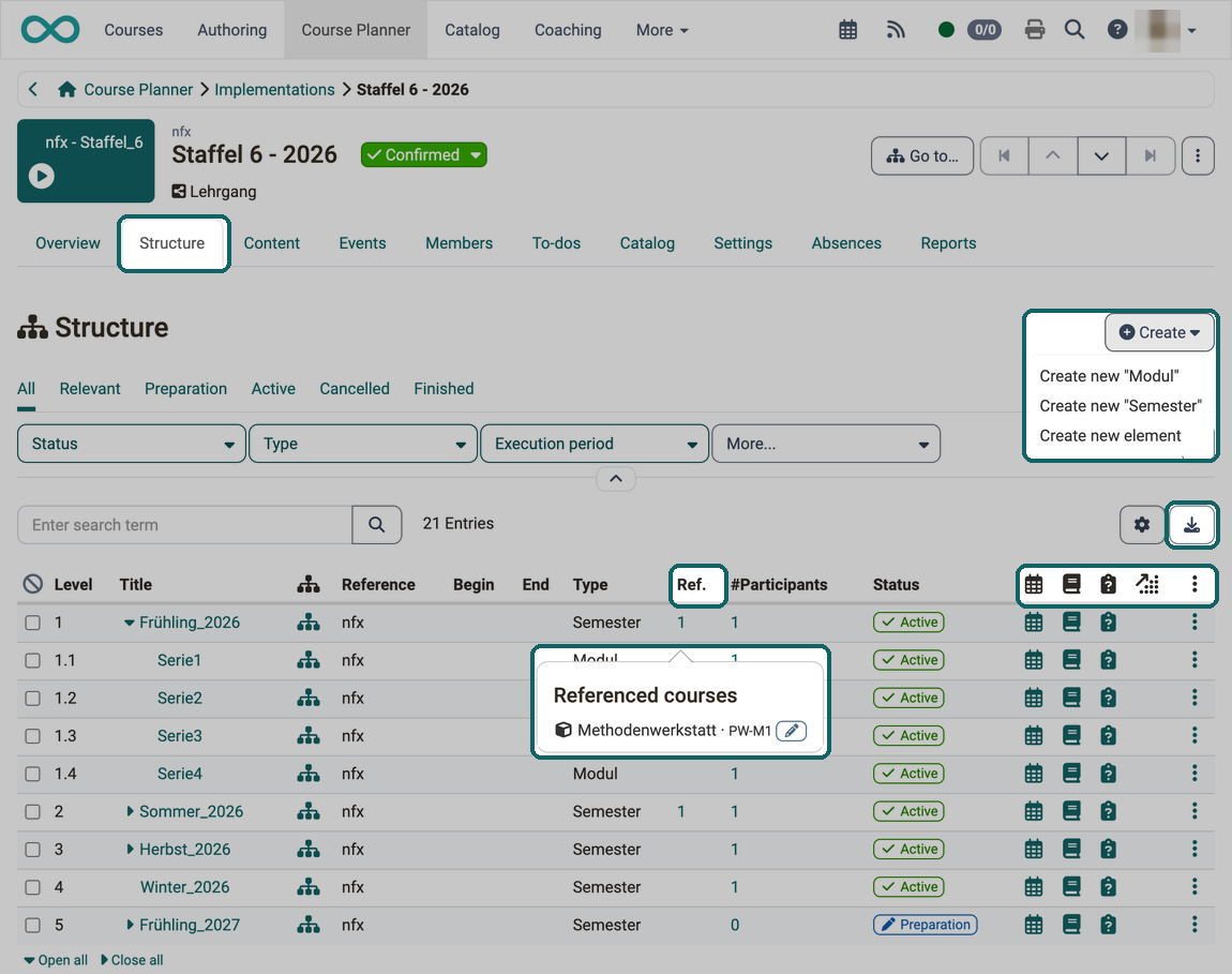 The tree structure with the Create menu, the download, the Ref. column with Referenced courses and the icon columns