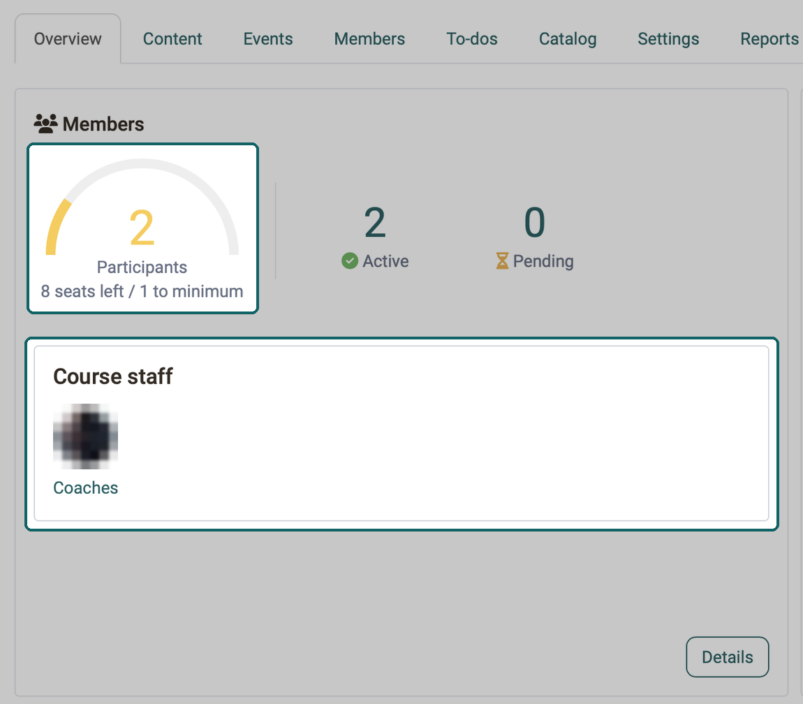 Seats left and the distance to the minimum number below the participant count, plus the course staff with their role