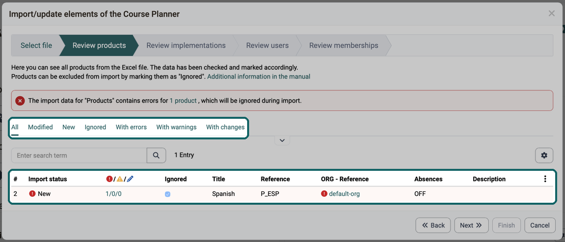Review products step of the import wizard · 2026.10.07 Filters from All to With changes and a new product with an error in ORG - Reference, automatically marked as Ignored