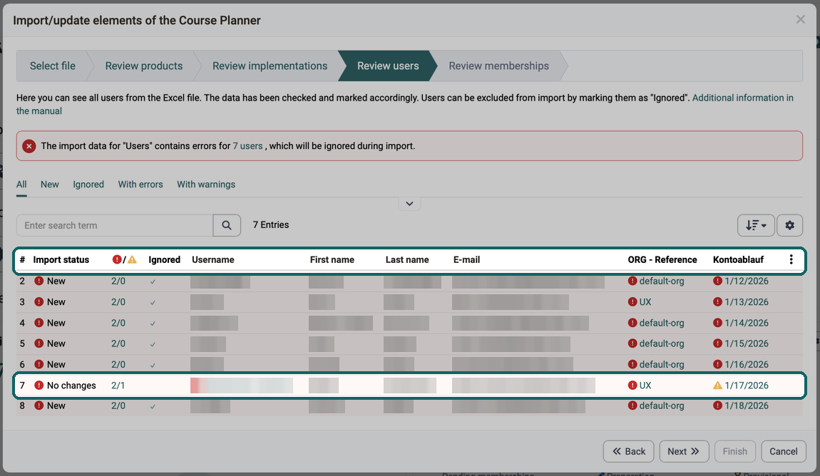 Review users step of the import wizard · 2026.10.07 Columns from Username to account expiration and an existing account with import status No changes and a warning for the account expiration