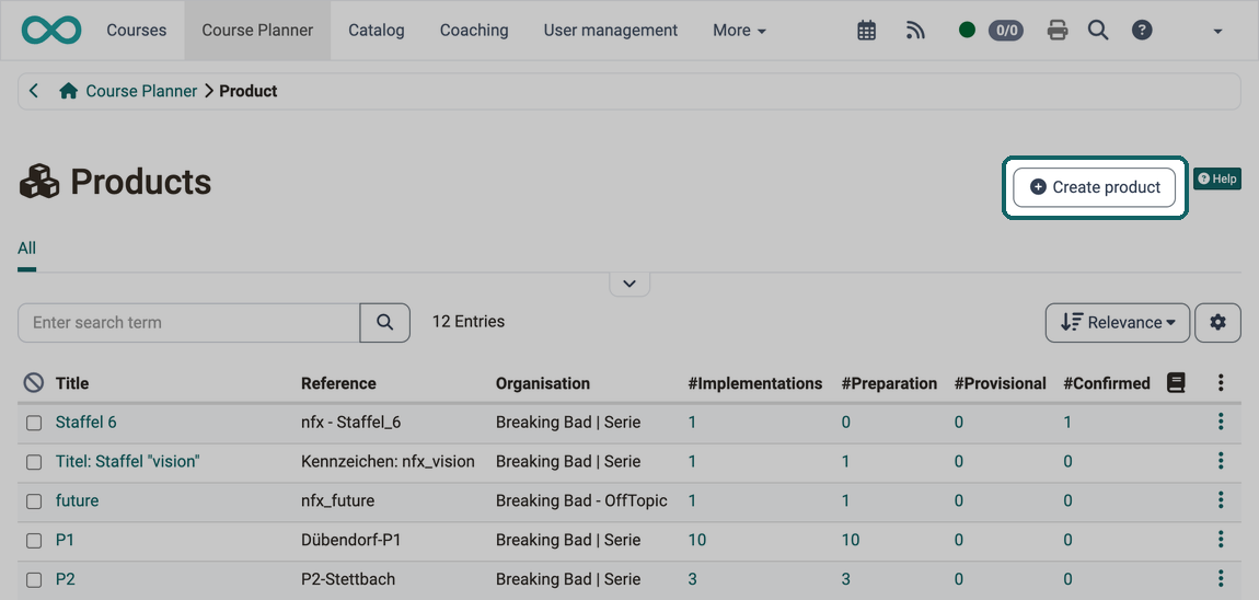 With the Create product button at the top right above the list you add a product, the table shows reference, organisation and the number of implementations by status per product