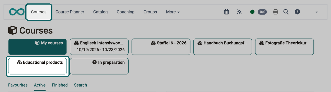 Under the Educational products button participants find the courses of their implementations, implementations marked as favourites appear as separate buttons next to it