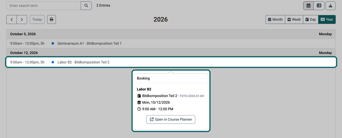 Year view in the calendar of Room management · 2026.09.30 The Booking window shows the room, the event with its reference, the date and the time of the clicked booking, plus the Open in Course Planner action