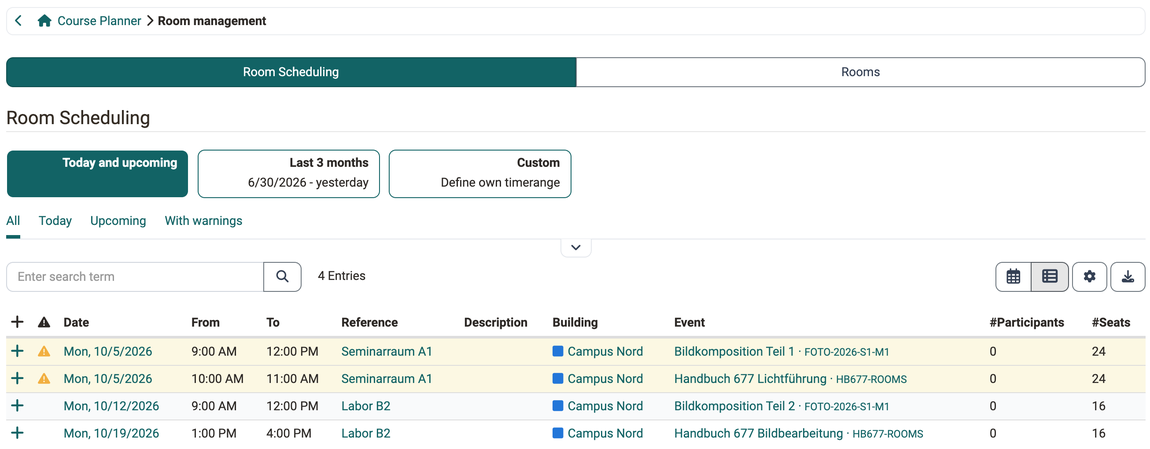 Room scheduling of Room management · 2026.09.30 The room bookings with Date, From, To, Reference, Description, Building, Event, #Participants and #Seats, warnings as a triangle at the start of the row