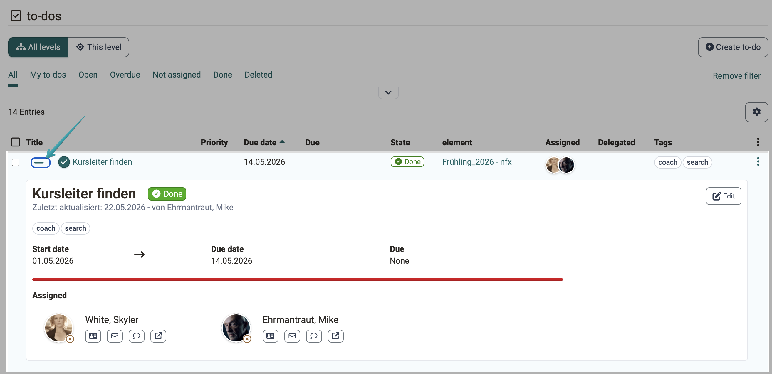 The expanded detail area of a completed to-do with status, last change, tags, dates, progress bar, assigned persons and the Edit action