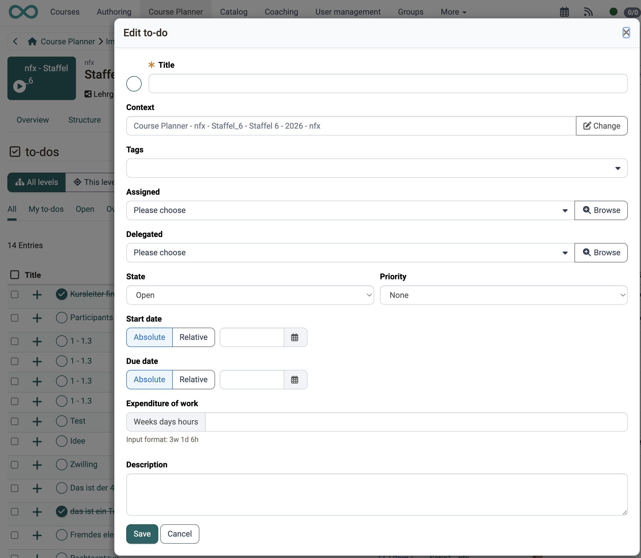 The fields of a to-do from Title to Description, plus the Context with the Change action and the Expenditure of work, in the Edit to-do dialog