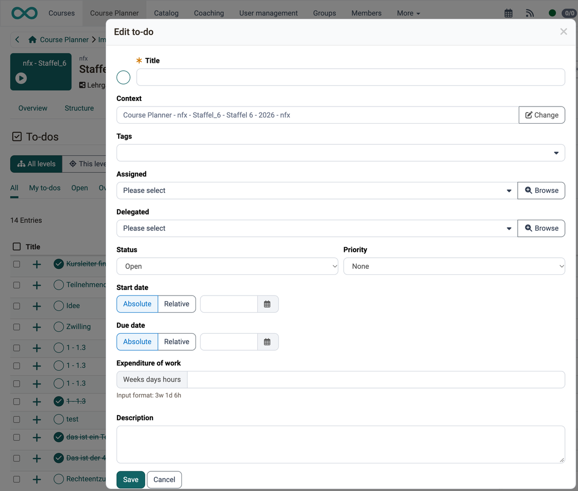 Edit to-do dialog when creating a to-do · 2026.10.02 The fields of a to-do from Title to Description, below them the Context with the "Change" action and the Absolute and Relative switches