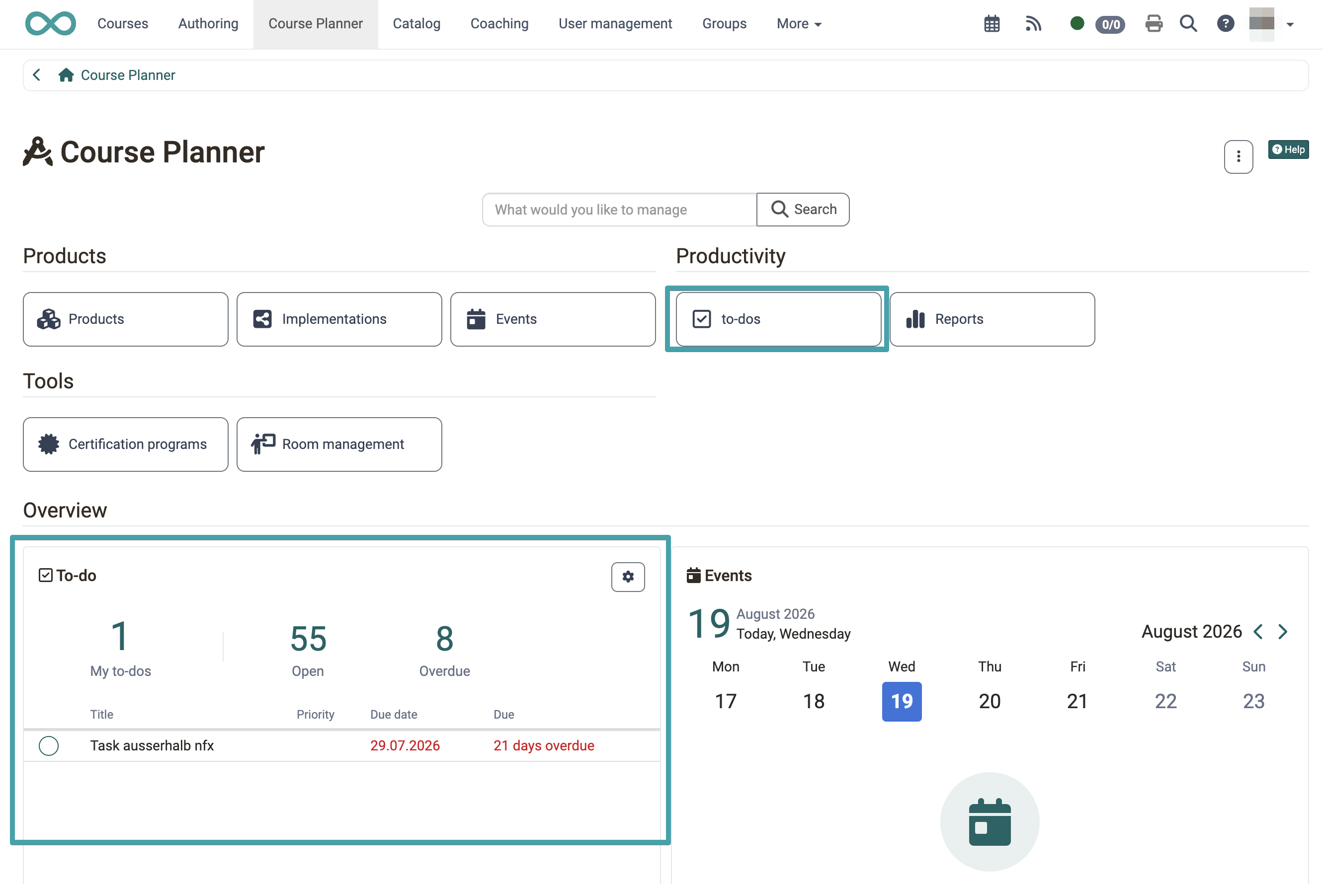 The way to the to-dos: the "To-dos" button in the Productivity area and the To-do widget in the Overview section, both highlighted on the Course Planner start page