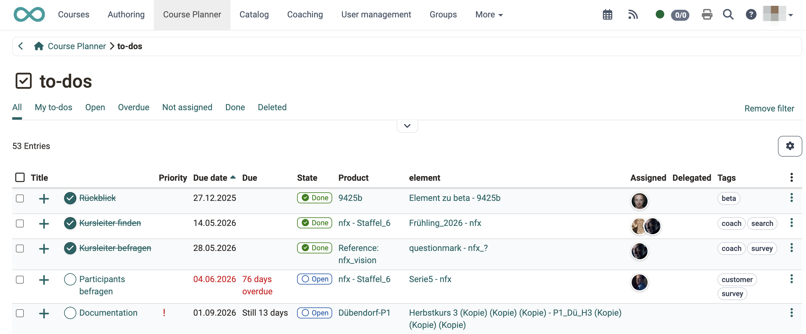 All to-dos across all products with the Product and element columns, the quick filters and the due dates, on the To-dos page in the Course Planner