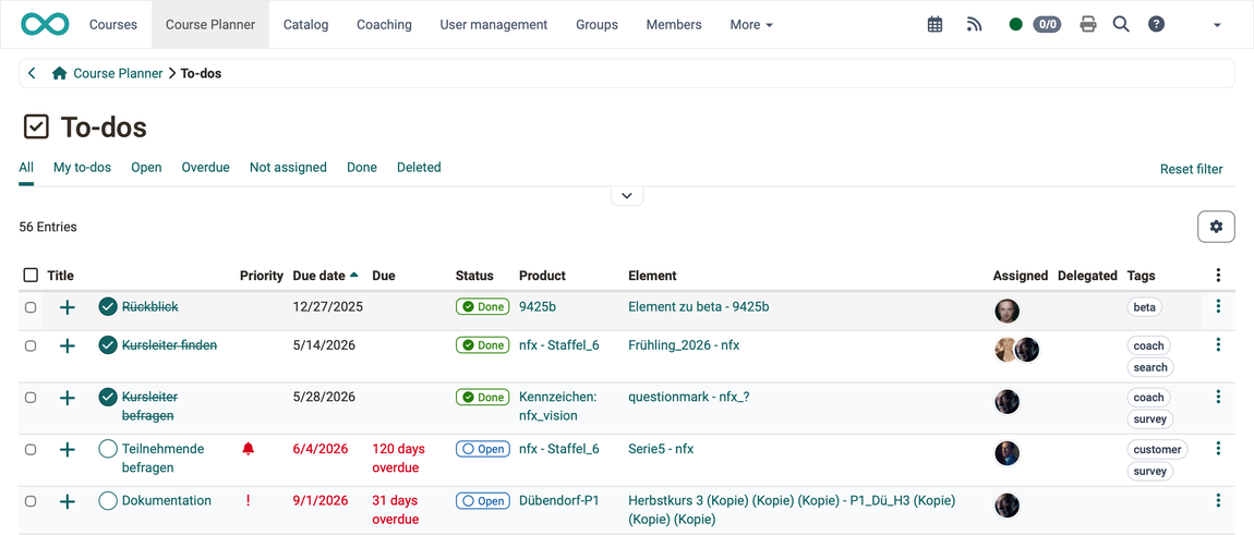 To-dos page in the Course Planner · 2026.10.02 All to-dos with the Product and Element columns, the quick filters from All to Deleted and the due dates