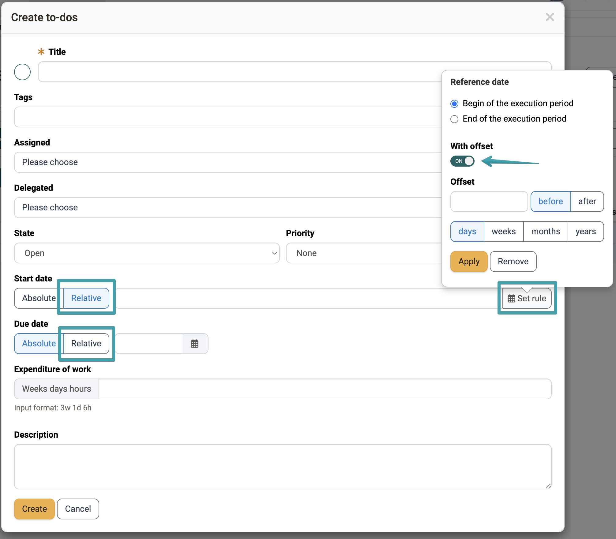 The Relative switch for start date and due date and the popover with reference date, offset and direction, in the dialog for creating a to-do