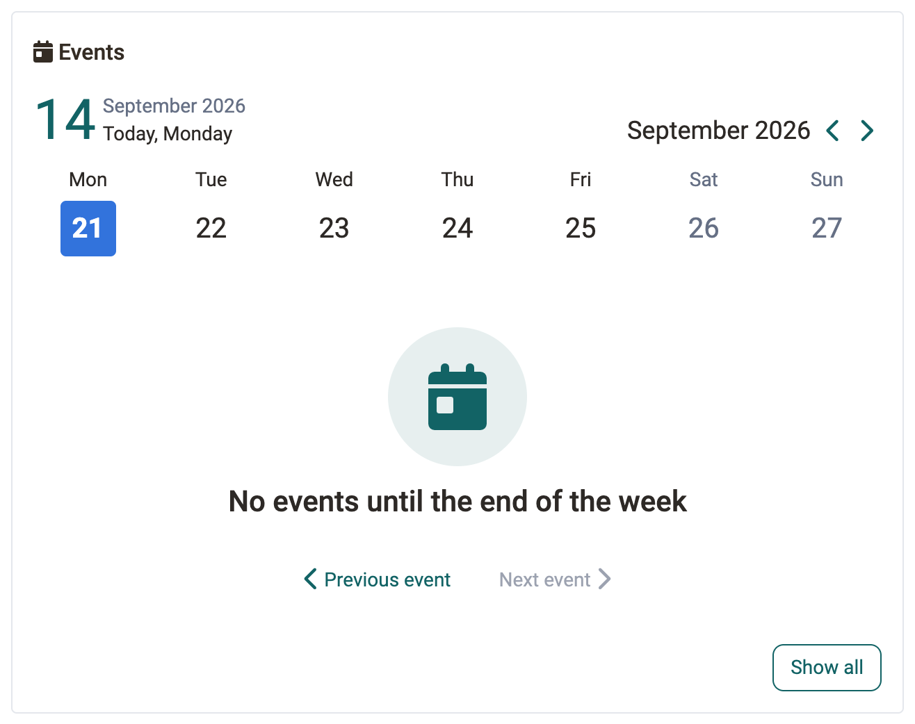 Message No events until the end of the week with the greyed out buttons Previous event and Next event, in the Events widget of the Course Planner