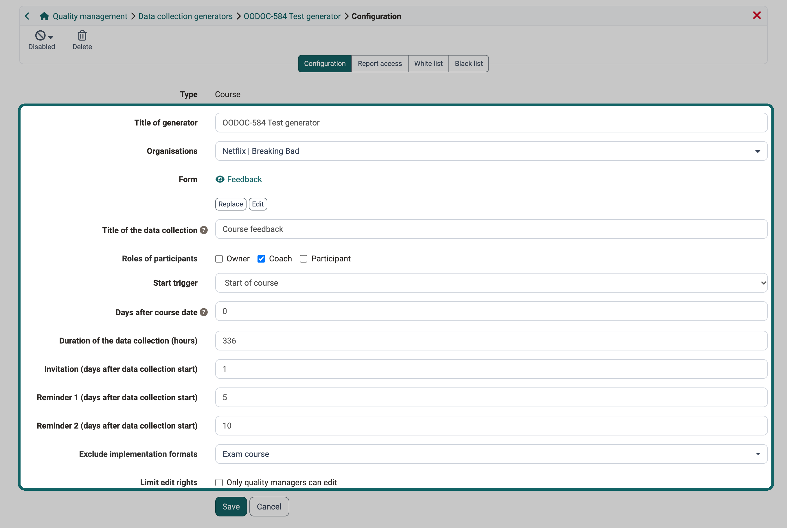 Completed form: the highlighted fields determine for which courses, when and for whom data collections are created