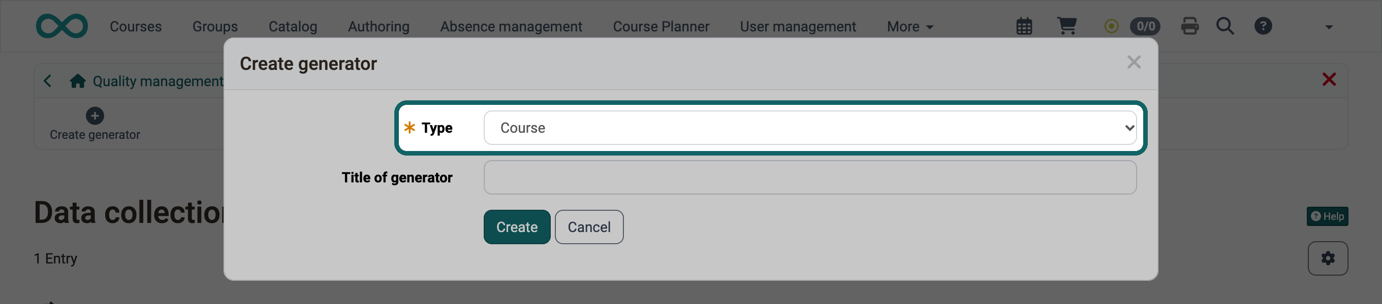 Type Course highlighted, below it the field Title of generator