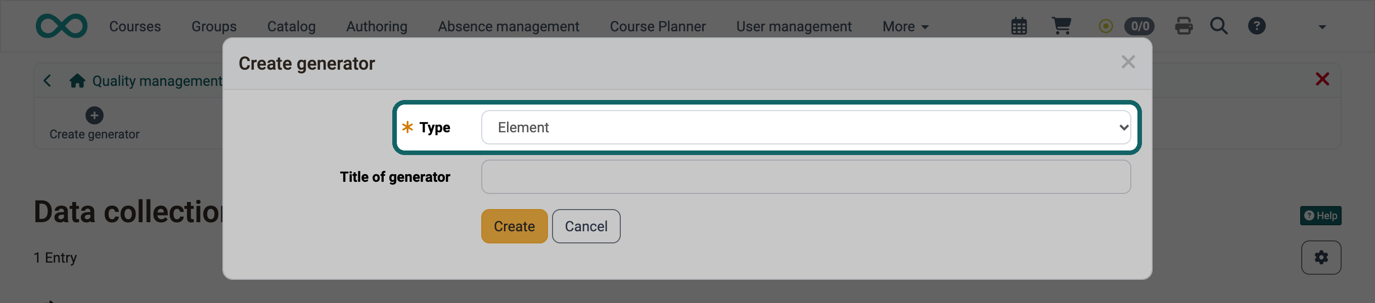 Type Element highlighted