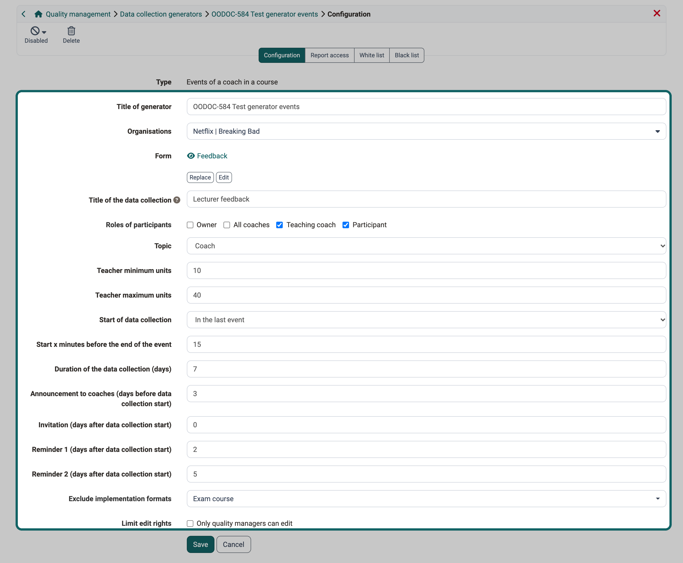 Completed form: the highlighted fields determine in which event and for whom data collections are created
